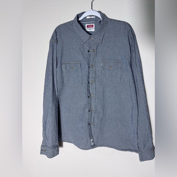 Wrangler Men’s Indigo Striped Denim Long Sleeve Shirt Brown Pearl Snaps  Size XL - Picture 1 of 12